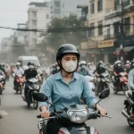 Người đi xe máy đeo khẩu trang 5D chống bụi mịn và ô nhiễm