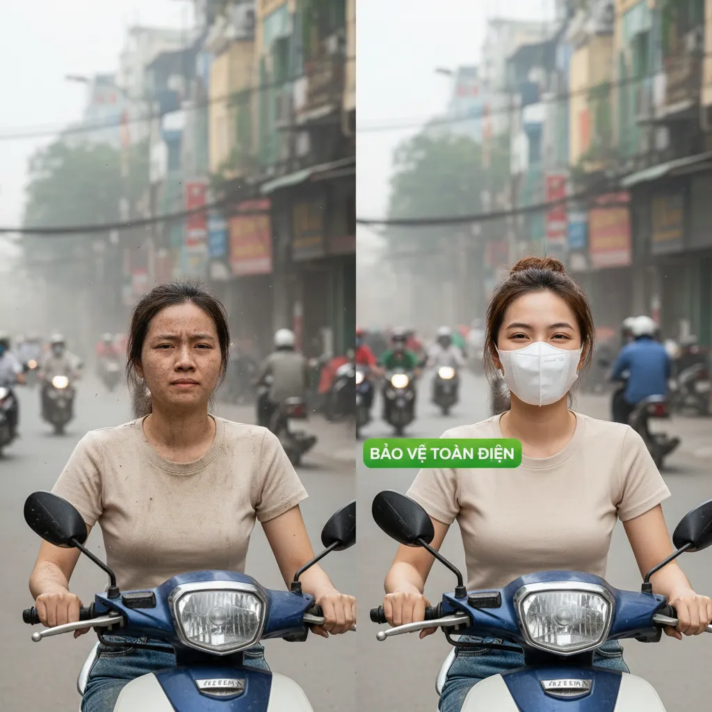So sánh hiệu quả chống bụi mịn của khẩu trang 5D trước và sau khi sử dụng