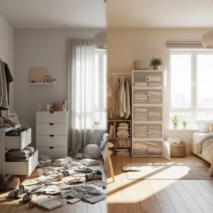 phòng luôn bừa bộn được sắp xếp lại gọn gàng với tủ nhựa