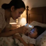 Mẹ đo nhiệt độ trán cho trẻ bằng nhiệt kế hồng ngoại vào ban đêm