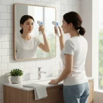Người lớn đo nhiệt độ trán bằng nhiệt kế hồng ngoại trước khi đi làm 2