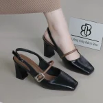 Sandal nữ mũi vuông khóa chữ nhật gót 5cm 7cm 6