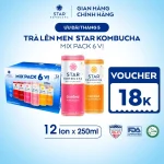 Thùng 12 lon Star Kombucha mix vị trái cây được trưng bày trong không gian hiện đại