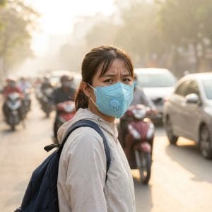 Đeo khẩu trang chống bụi mịn thoáng khí khi di chuyển ngoài đường