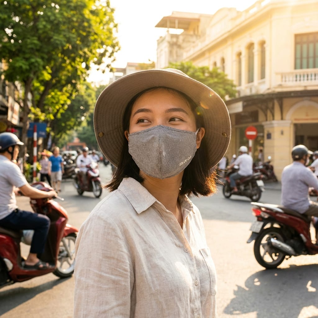Khẩu trang chống UV giúp bảo vệ khi di chuyển ngoài trời nắng