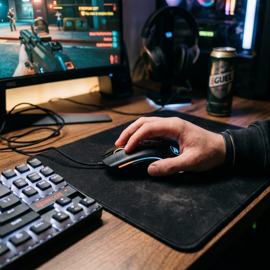 Chuột gaming giá rẻ trên bàn setup hiện đại dành cho chơi game và làm việc