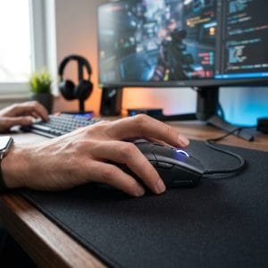 Chuột gaming dưới 200K trên bàn setup chơi game hiện đại