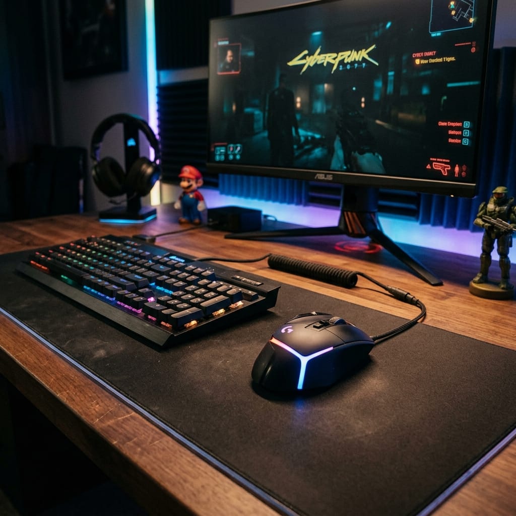 Chuột gaming có đèn LED trên bàn setup chơi game hiện đại