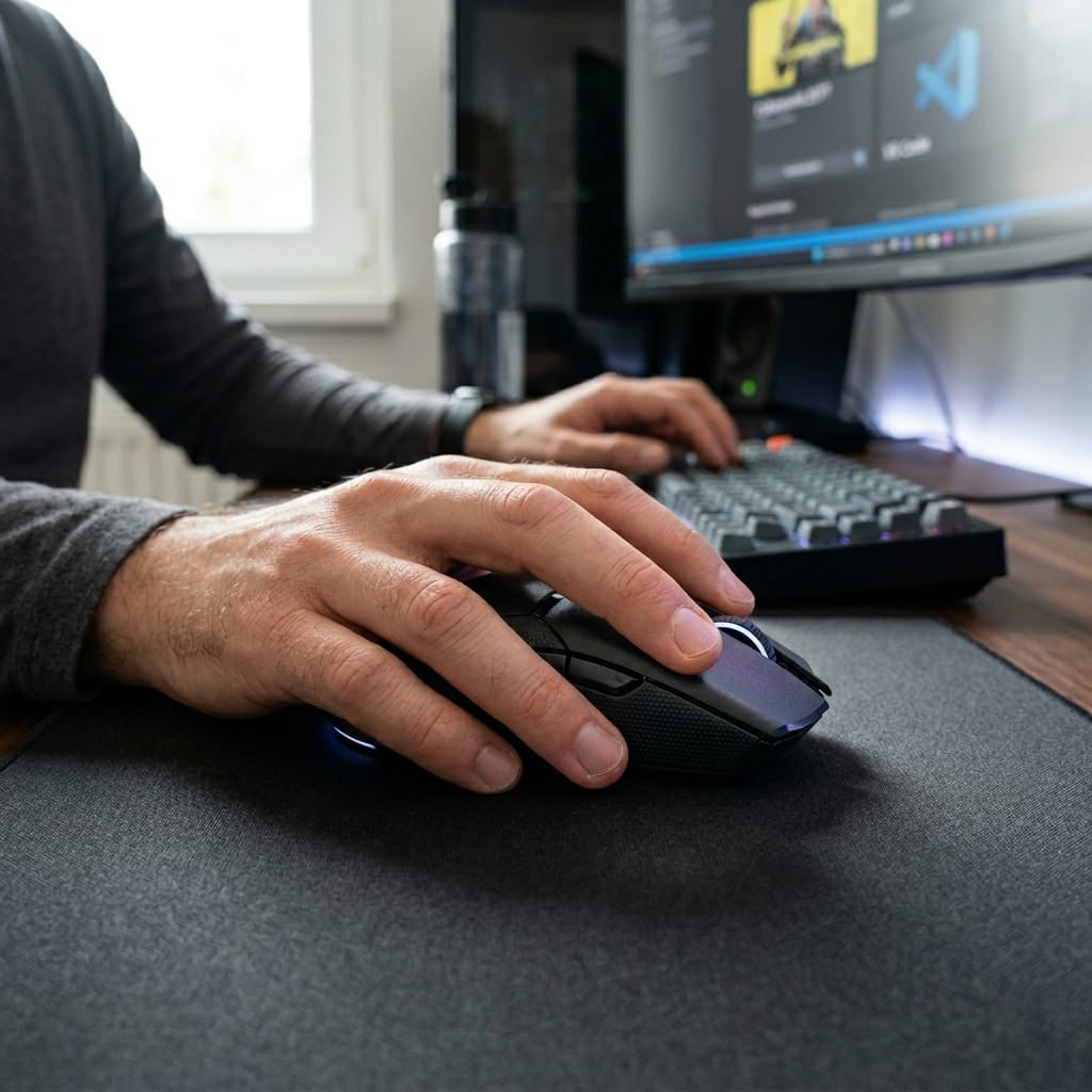 Người dùng cầm chuột gaming đối xứng trên bàn setup hiện đại