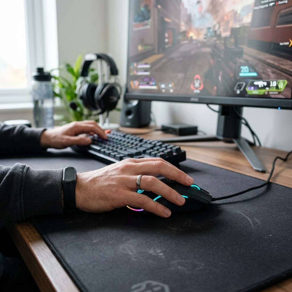 Chuột gaming Sidotech Inphic PB1 trên bàn setup chơi game hiện đại