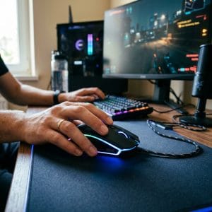 Chuột gaming Sidotech Inphic PB1 DPI 4800 trên bàn setup hiện đại