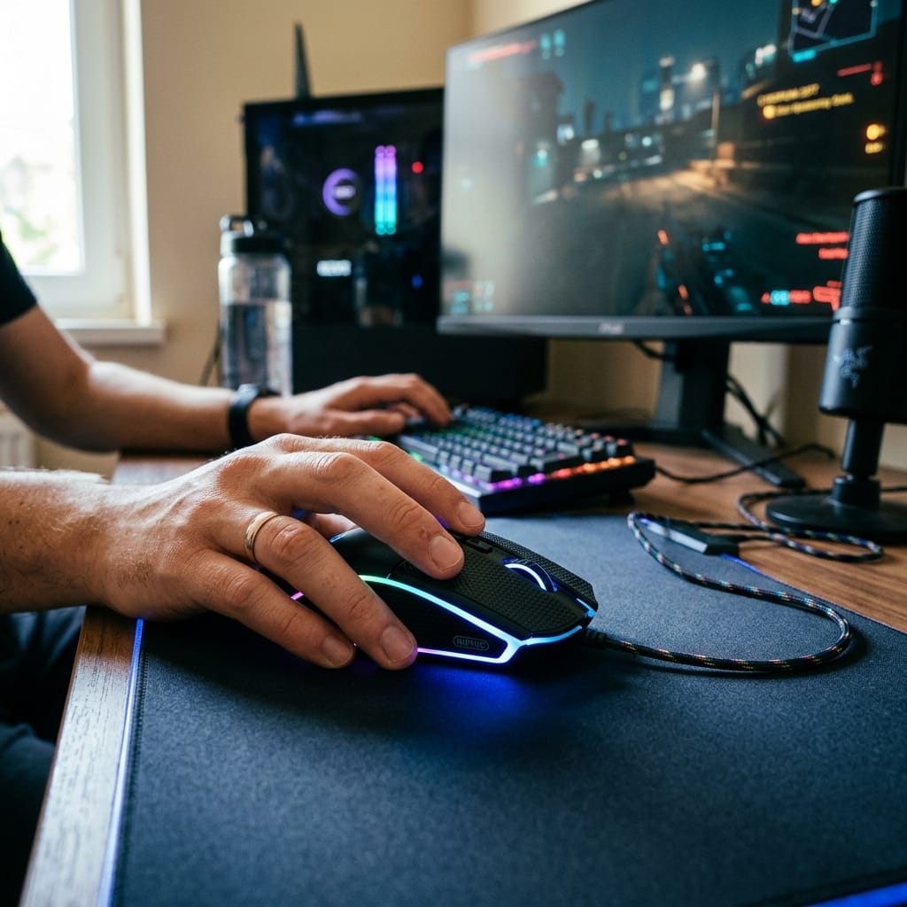 Chuột gaming Sidotech Inphic PB1 DPI 4800 trên bàn setup hiện đại