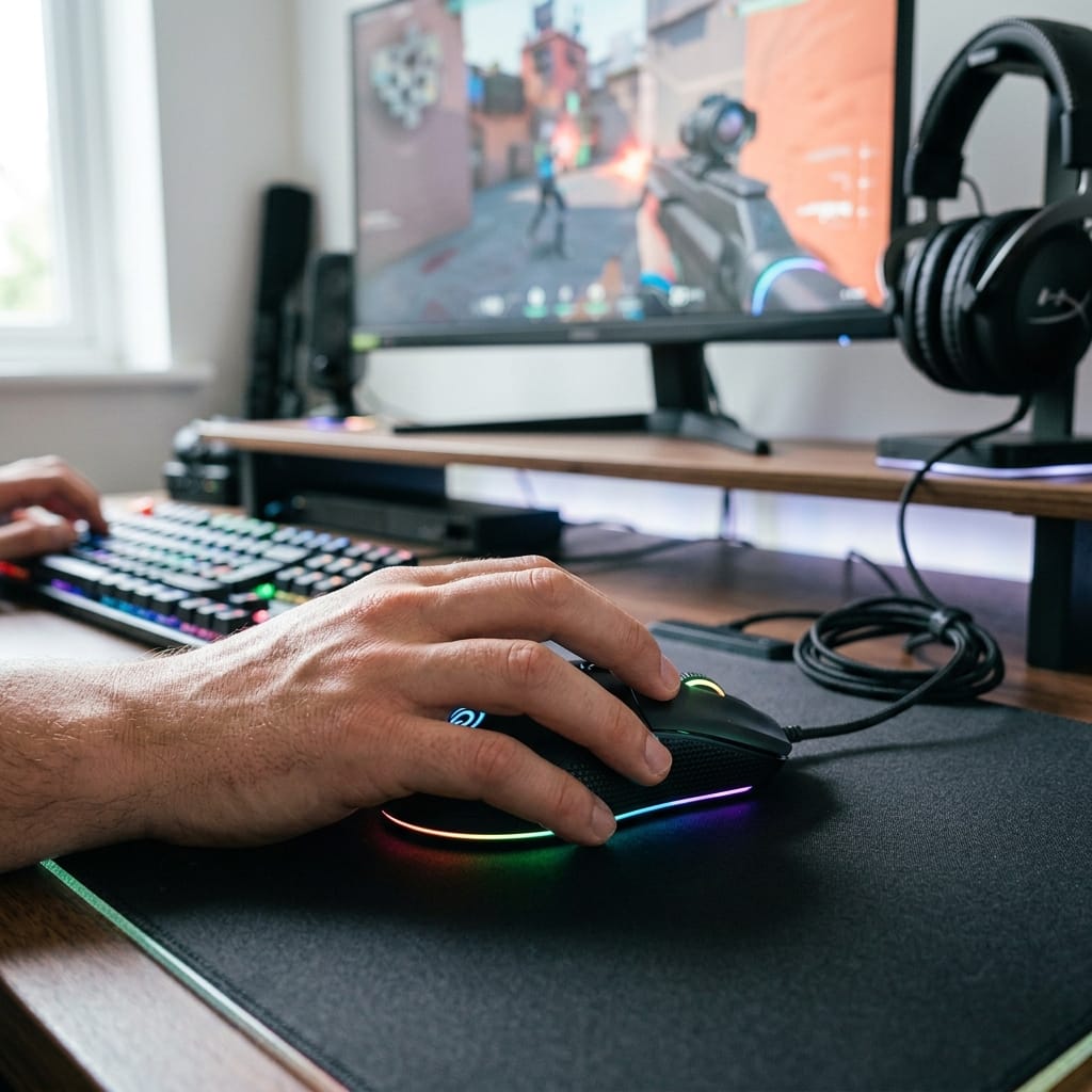 Chuột gaming giá khoảng 150K trên bàn setup chơi game hiện đại