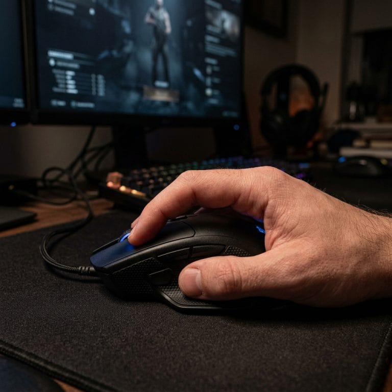 Chuột gaming giá rẻ trên bàn setup hiện đại dành cho chơi game lâu dài