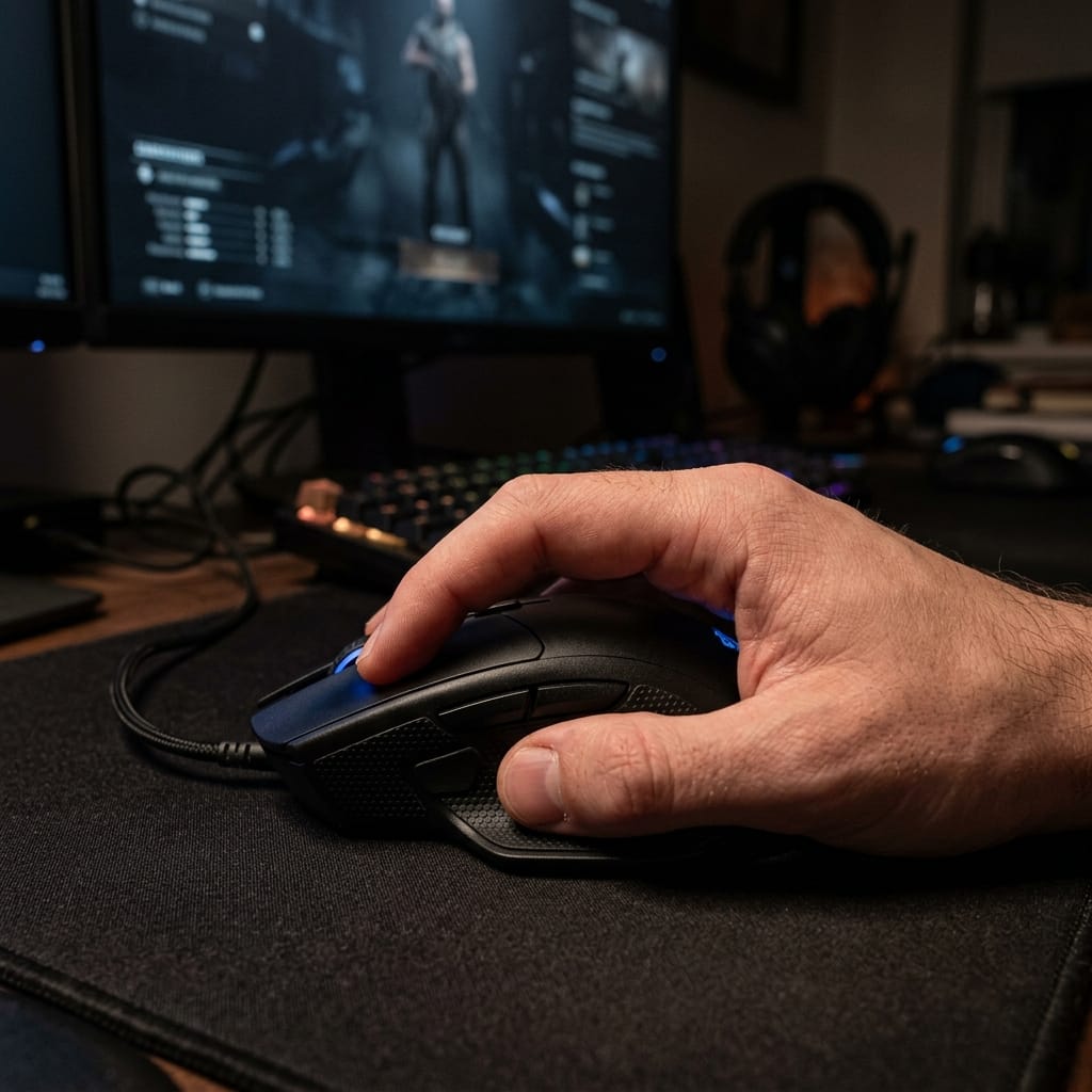 Chuột gaming giá rẻ trên bàn setup hiện đại dành cho chơi game lâu dài