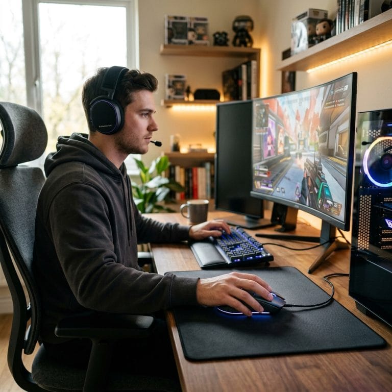 Chuột gaming có dây trên bàn setup chơi game hiện đại