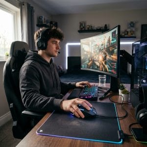 Chuột gaming giá rẻ trên bàn setup hiện đại dành cho chơi game và làm việc