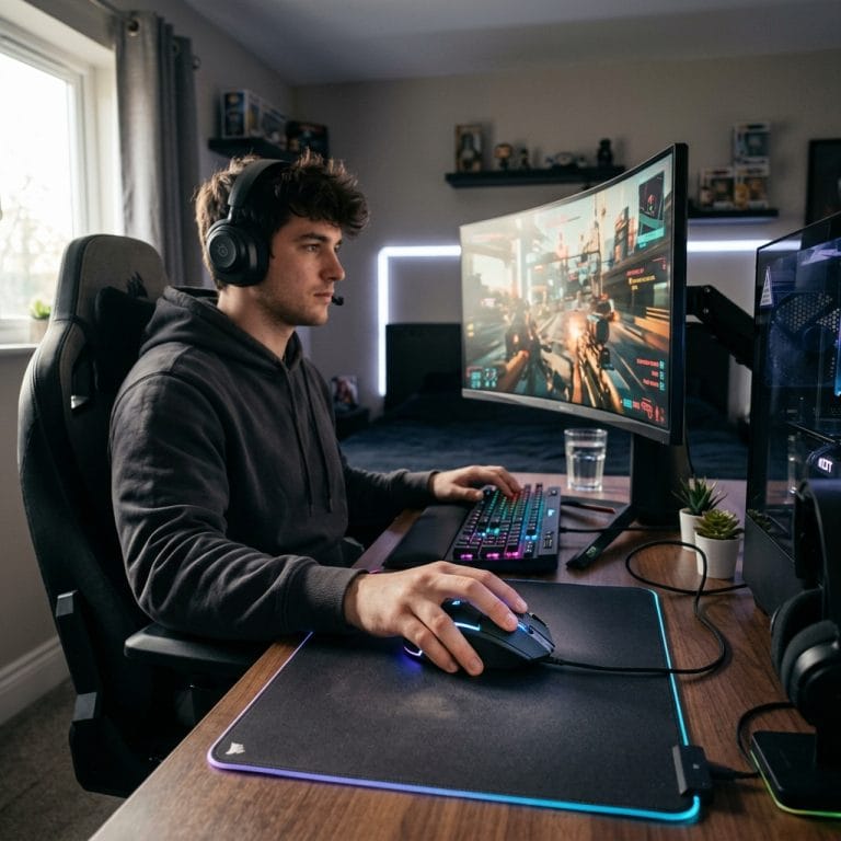 Chuột gaming giá rẻ trên bàn setup hiện đại dành cho chơi game và làm việc