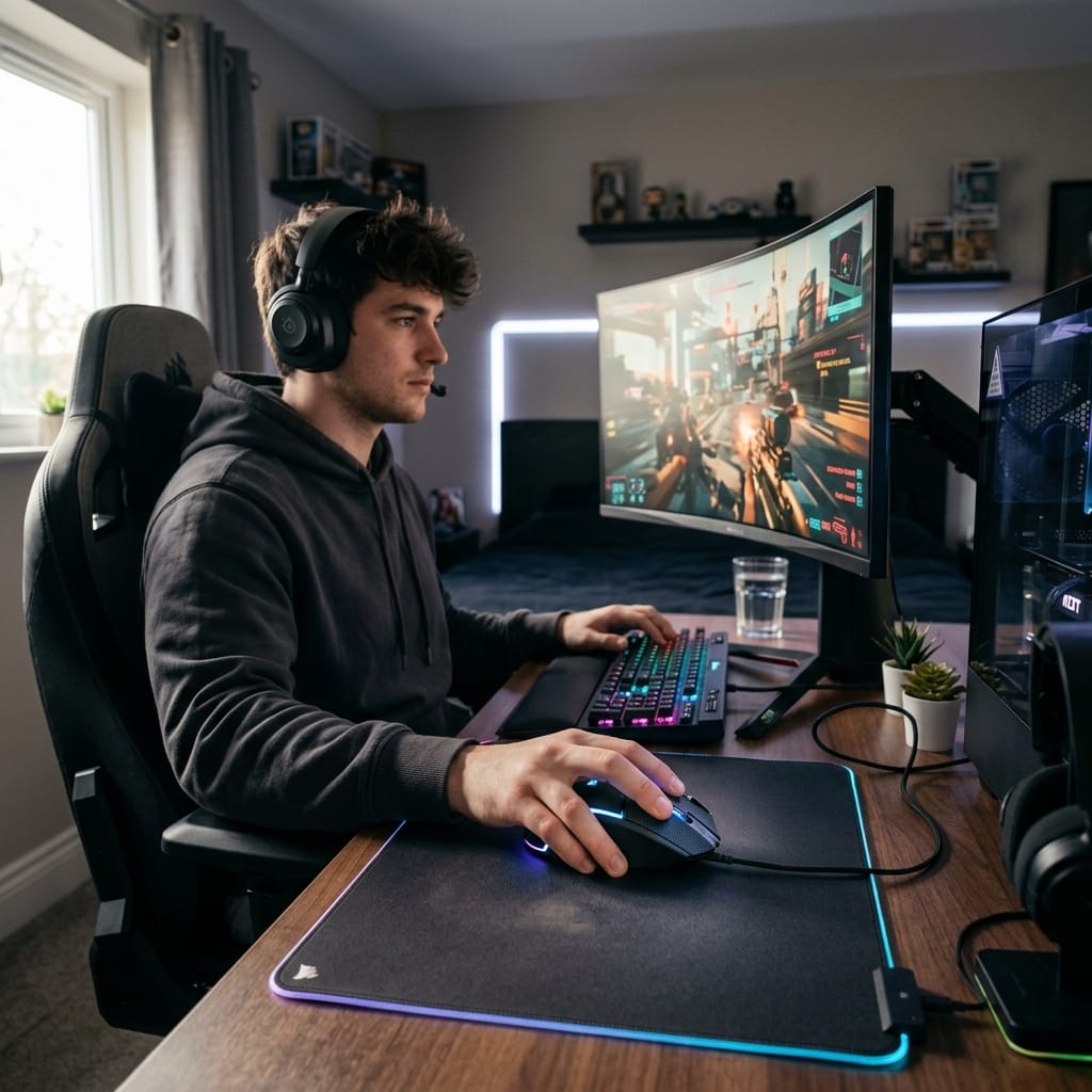 Chuột gaming giá rẻ trên bàn setup hiện đại dành cho chơi game và làm việc
