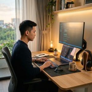 Setup laptop không dây với bàn phím LED giúp bàn làm việc gọn gàng hơn