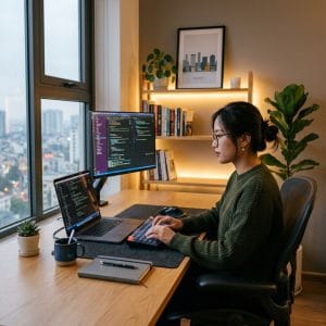Setup góc máy đẹp với bàn phím LED không dây hiện đại và gọn gàng