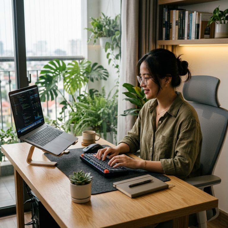 Combo bàn phím chuột không dây giúp góc làm việc hiện đại và gọn gàng