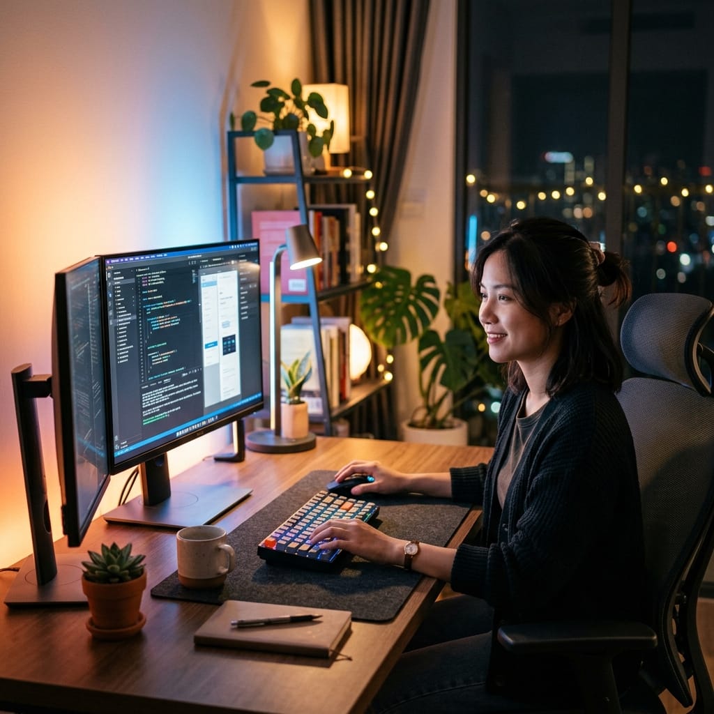 Bàn phím không dây LED sử dụng trên góc làm việc hiện đại và gọn gàng