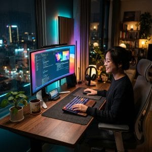 Combo bàn phím chuột không dây Ziyou M87 LED trên góc làm việc hiện đại