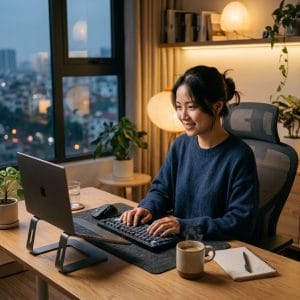 Bàn phím Bluetooth không dây sử dụng trên góc làm việc hiện đại