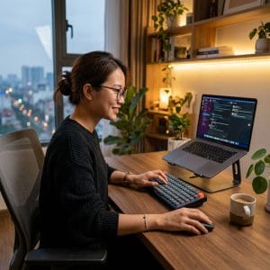Combo bàn phím chuột không dây trên góc làm việc hiện đại và gọn gàng
