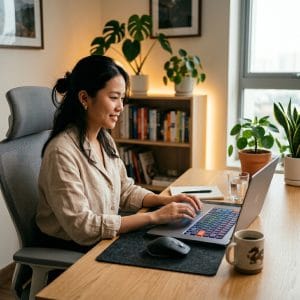 Bàn phím LED không dây trên góc làm việc hiện đại và tối giản
