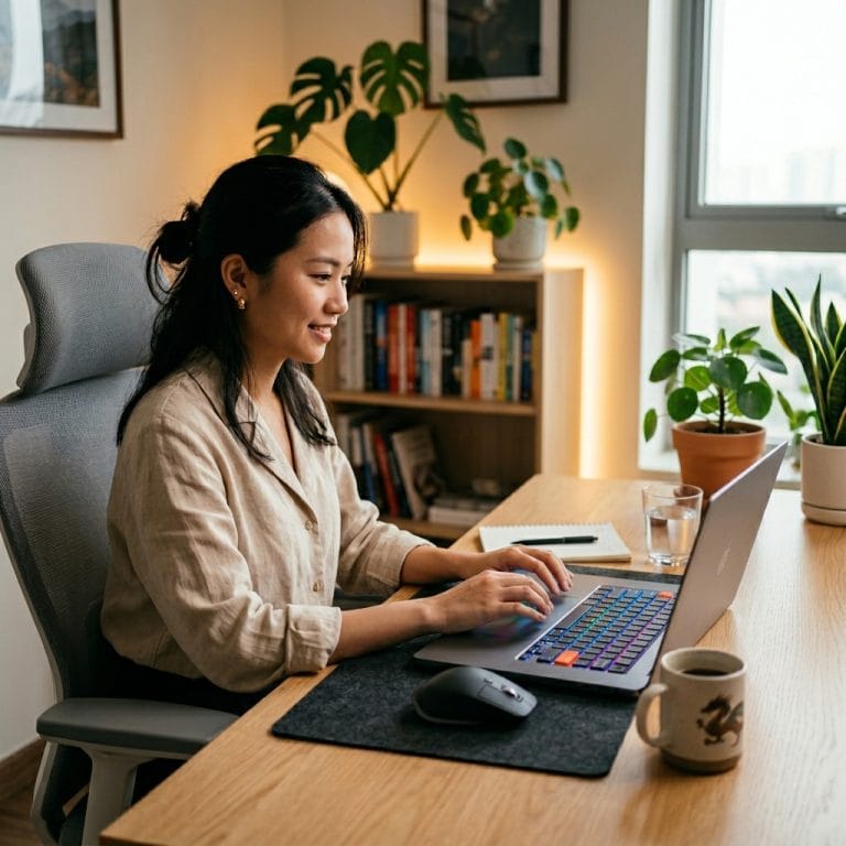 Bàn phím LED không dây trên góc làm việc hiện đại và tối giản