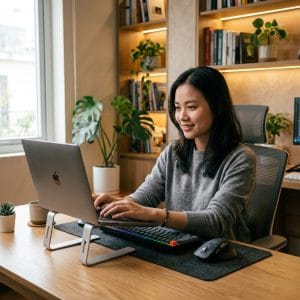 Combo bàn phím chuột không dây trên góc làm việc hiện đại và gọn gàng