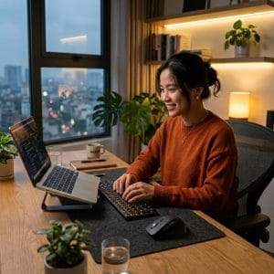 Bàn phím Bluetooth không dây kết nối nhiều thiết bị trên góc làm việc hiện đại