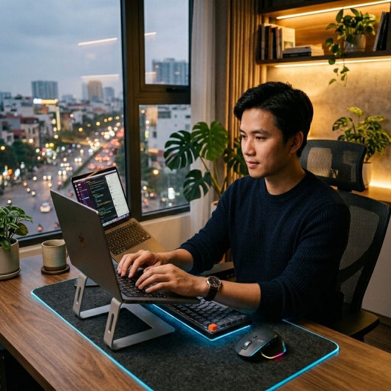Combo bàn phím chuột không dây trên góc làm việc hiện đại và tối giản