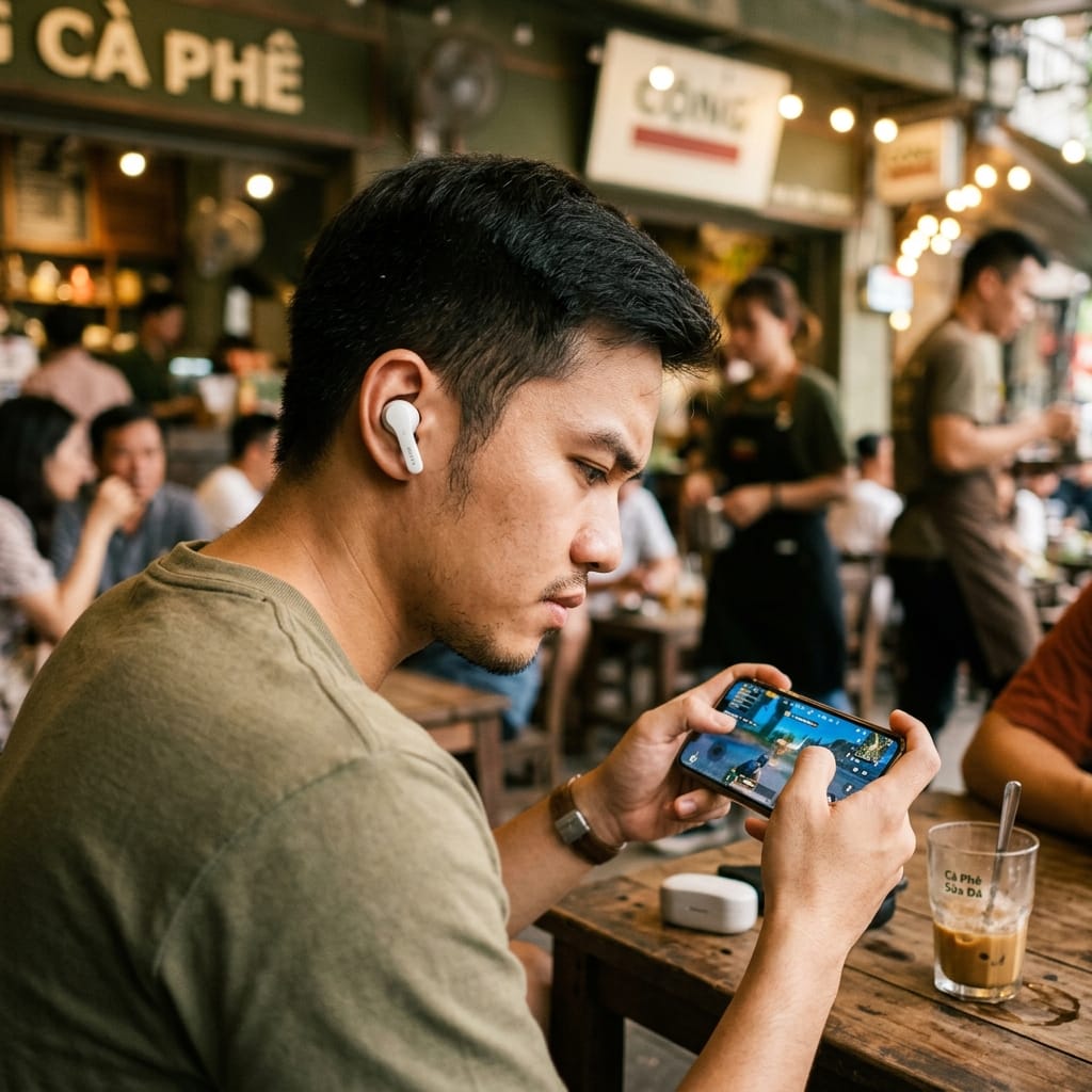 Người dùng đeo tai nghe Bluetooth chơi game giảm delay trong quán cà phê
