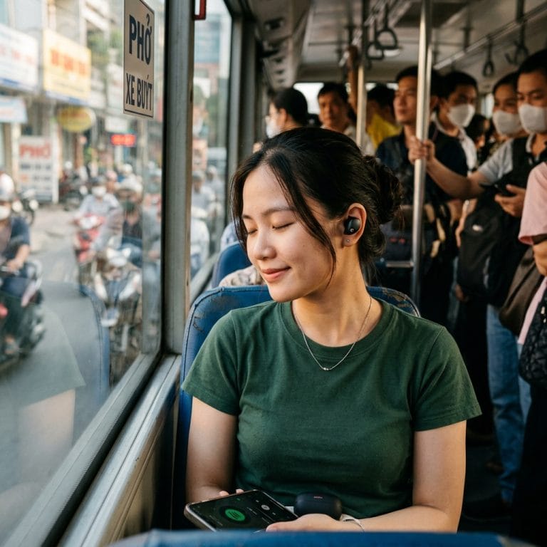 Người dùng đeo tai nghe Bluetooth ANC ENC trên xe buýt đông người