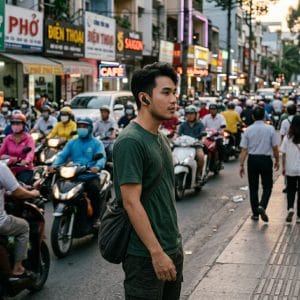 Người dùng gọi điện ngoài đường bằng tai nghe Bluetooth chống ồn ENC