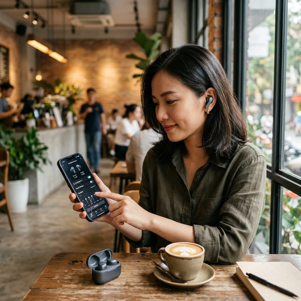 Người dùng tùy chỉnh tai nghe Bluetooth bằng app trên điện thoại