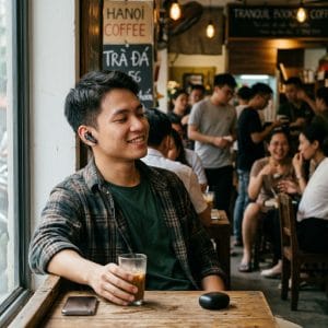 Người dùng đeo tai nghe Bluetooth chống ồn giá rẻ trong quán cà phê