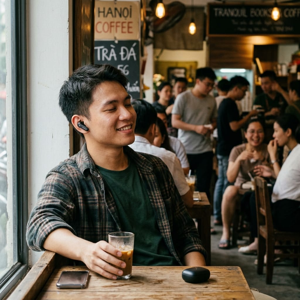 Người dùng đeo tai nghe Bluetooth chống ồn giá rẻ trong quán cà phê