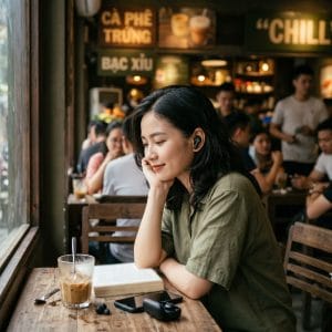 Người dùng đeo tai nghe ANC giá rẻ trong quán cà phê đông người