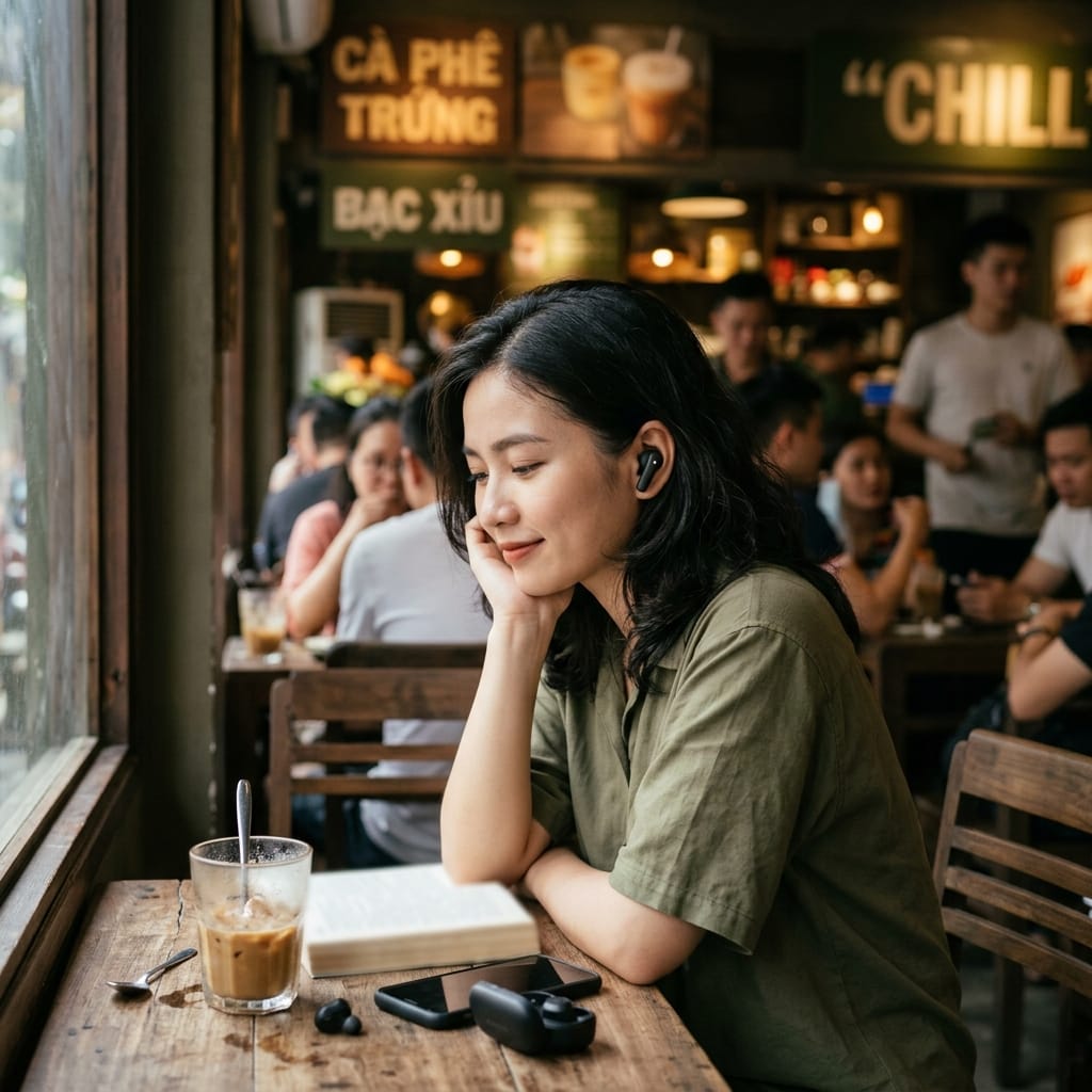 Người dùng đeo tai nghe ANC giá rẻ trong quán cà phê đông người