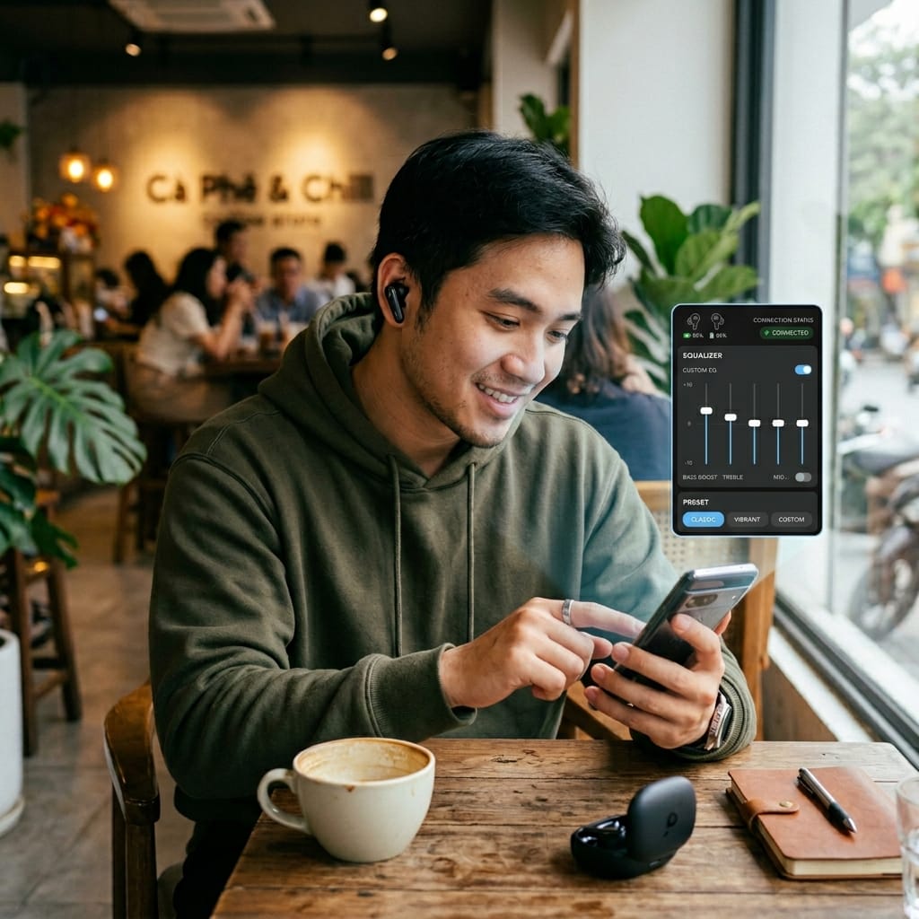 Người dùng điều khiển tai nghe Bluetooth bằng app trên điện thoại