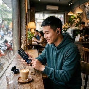 Người dùng sử dụng tai nghe Bluetooth ANC ENC ngoài đường đông người
