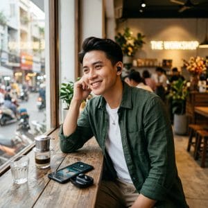 Người dùng sử dụng tai nghe Bluetooth giá dưới 200K trong quán cà phê
