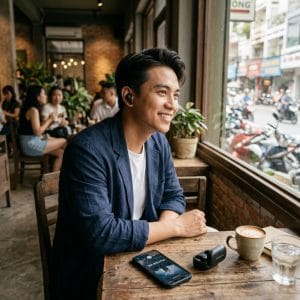 Người dùng chơi game bằng tai nghe Bluetooth có chế độ game giảm delay