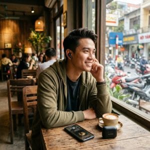 Người dùng tháo tai nghe Bluetooth có cảm biến tự dừng nhạc