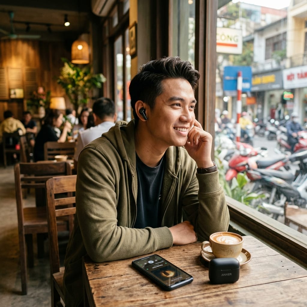 Người dùng tháo tai nghe Bluetooth có cảm biến tự dừng nhạc