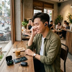Người dùng trải nghiệm tai nghe Bluetooth A10 Ultimate trong quán cà phê